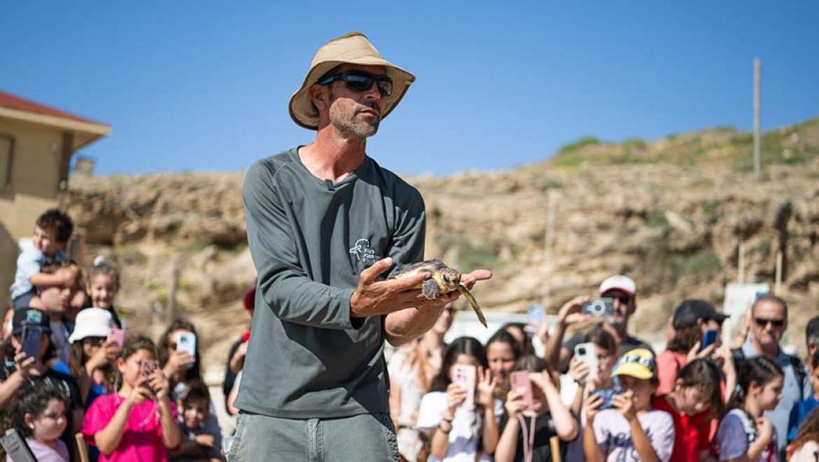 גיא איבגי וצב ים החום צחי בהרצליה. צילום יונתן אלק הצבים יריב, דונטלו וצחי ניצלו, טופלו ושוחררו בחזרה לים