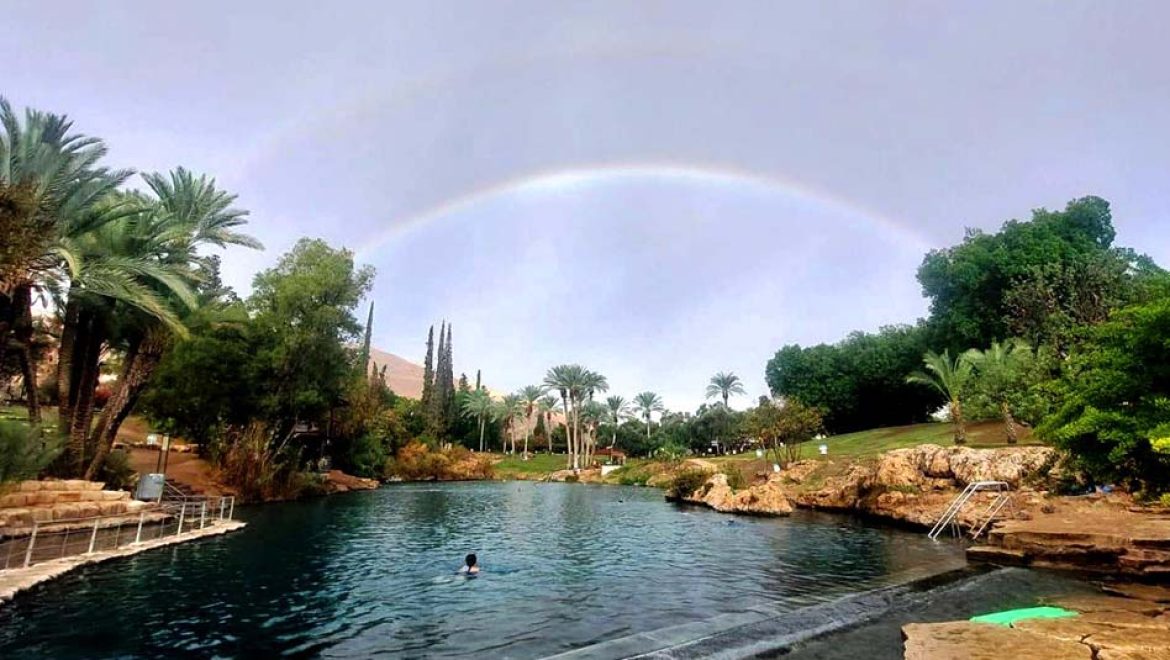 מטיילים בגשם: בין הטיפות, קשת בענן מרהיבה ונד מים נדיר